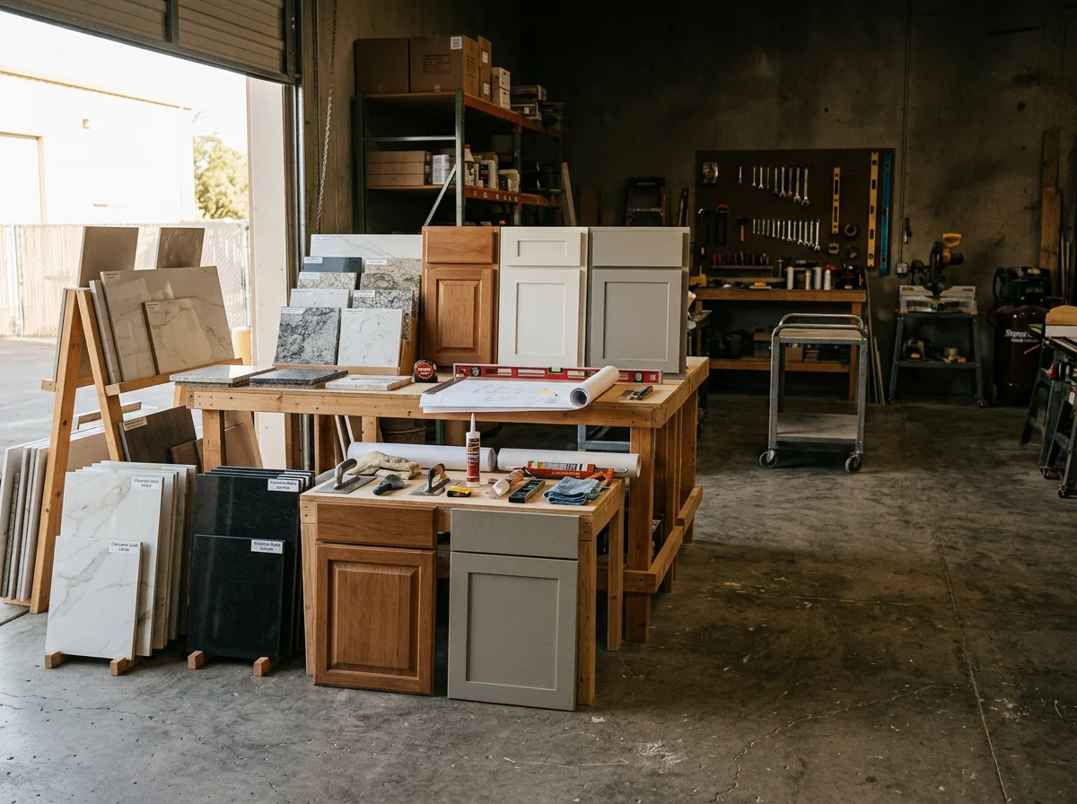 Construction crew tools and materials on a job site, showcasing tile, countertops, and cabinetry installation setup.