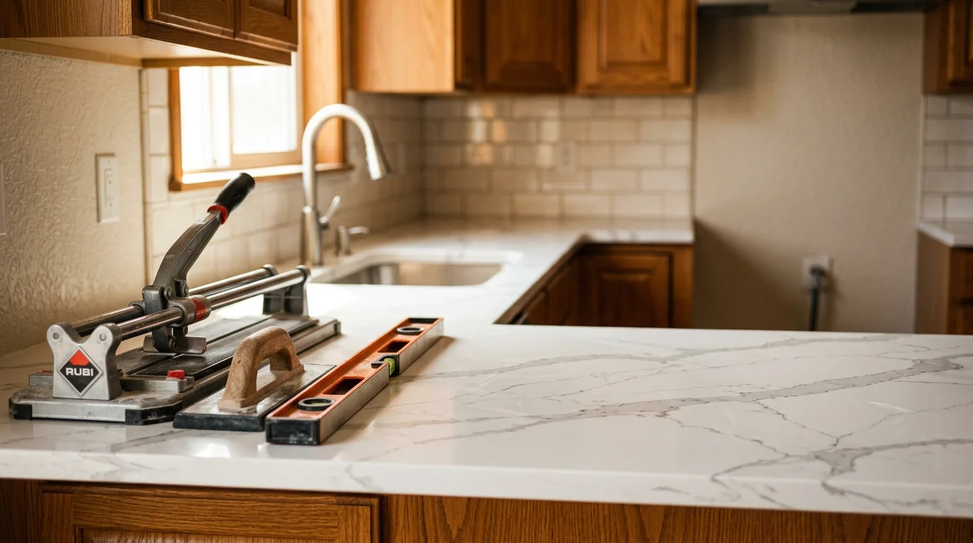 Quartz countertop installation in modern kitchen