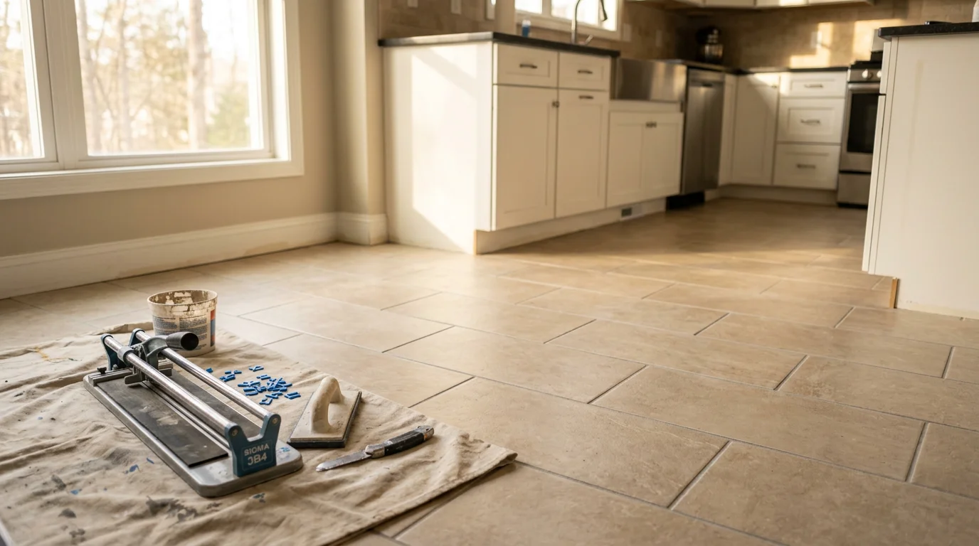 Newly installed laminate flooring in a residential kitchen