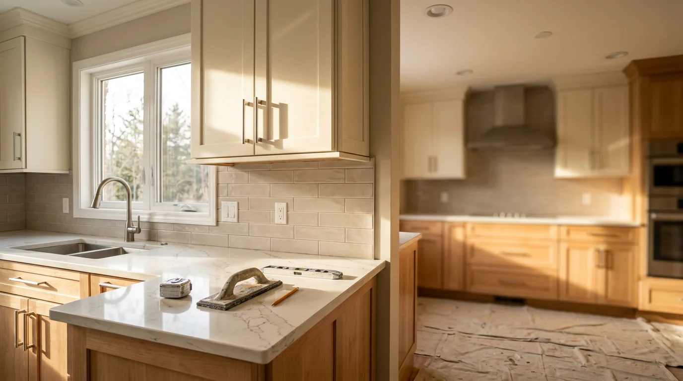 Modern kitchen with custom cabinets, quartz countertops, and tile backsplash