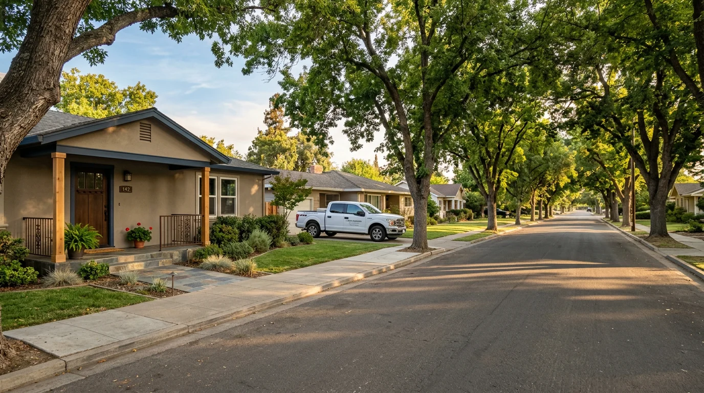 Residential street in Ripon with mature trees and single-family homes typical of the city's established neighborhoods.