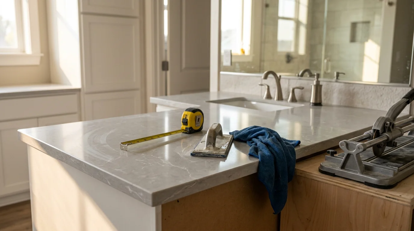 A finished bathroom vanity countertop installation in a Ripon, CA home, showing a clean stone surface with precise edge finishing and plumbing cutouts around the sink. The countertop sits flush on the existing cabinet with no visible gaps or seam irregularities.