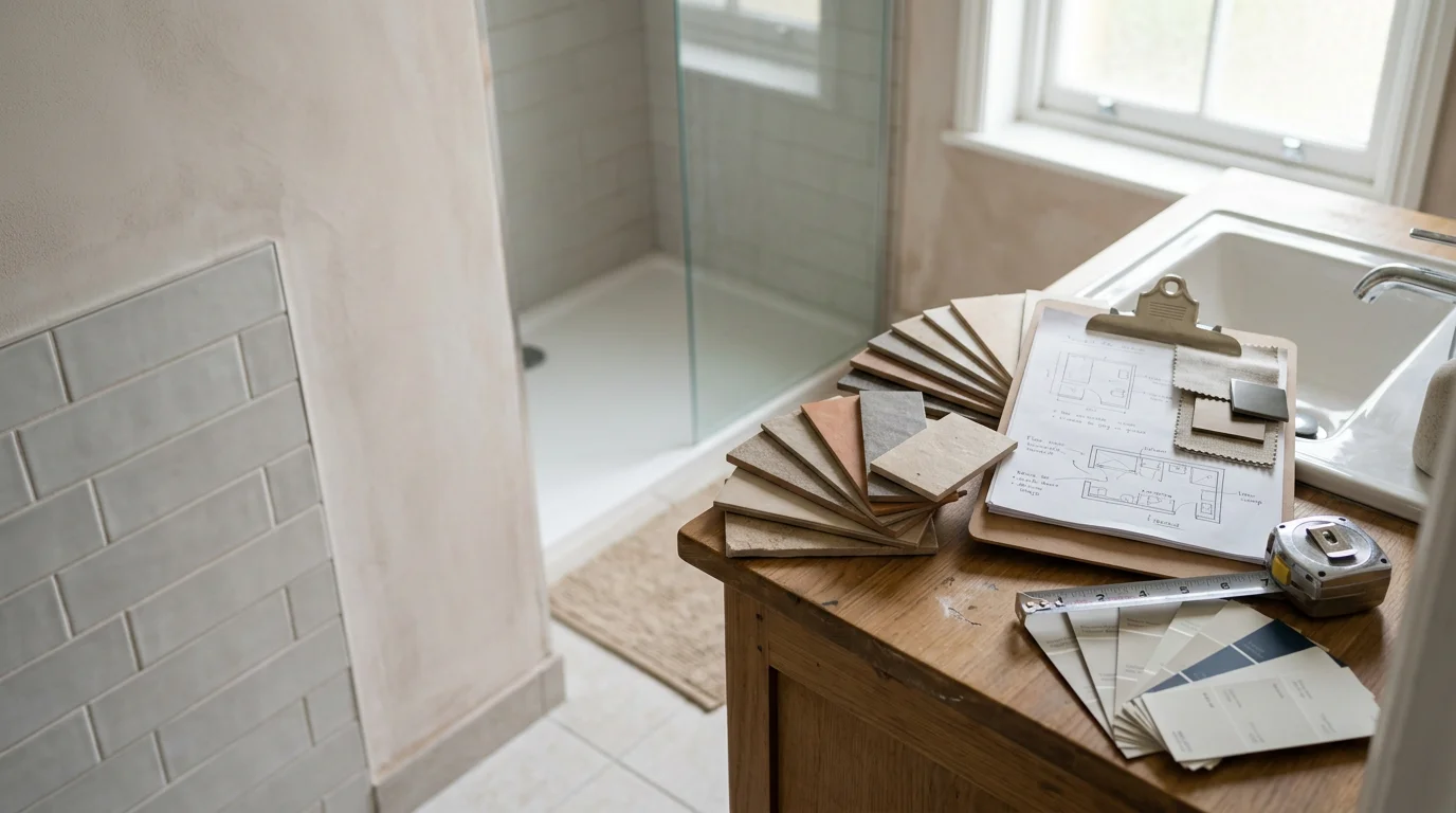 A Ripon, CA bathroom remodel consultation in progress, showing a contractor reviewing tile samples and layout options with a homeowner in a residential bathroom. The space features a walk-in shower footprint marked on the floor and neutral tile selections laid out on the vanity counter.