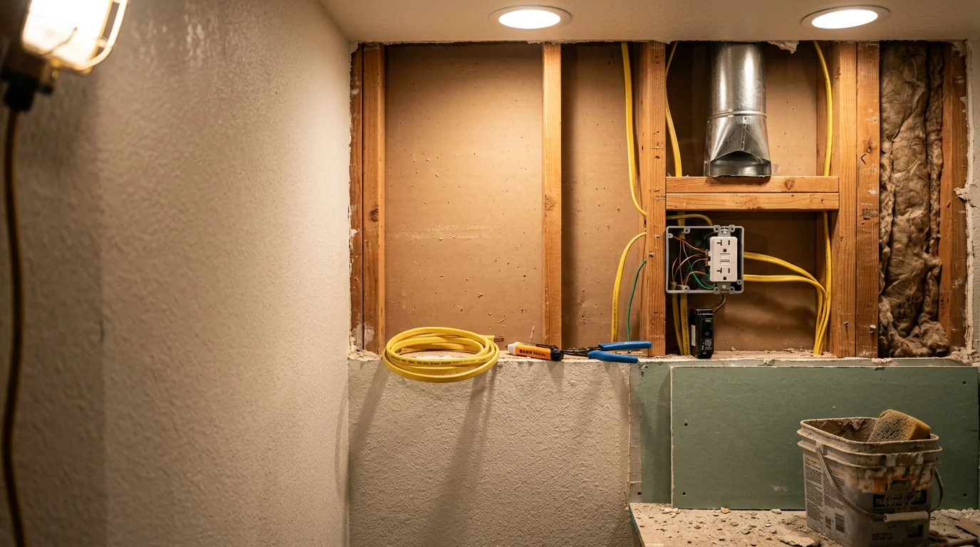 A remodeled bathroom interior in a Ripon, CA single-family home showing a GFCI outlet installed beside a vanity and a recessed light above a walk-in shower. Finished tile walls and an exhaust fan are visible, reflecting completed bathroom electrical and remodeling work.