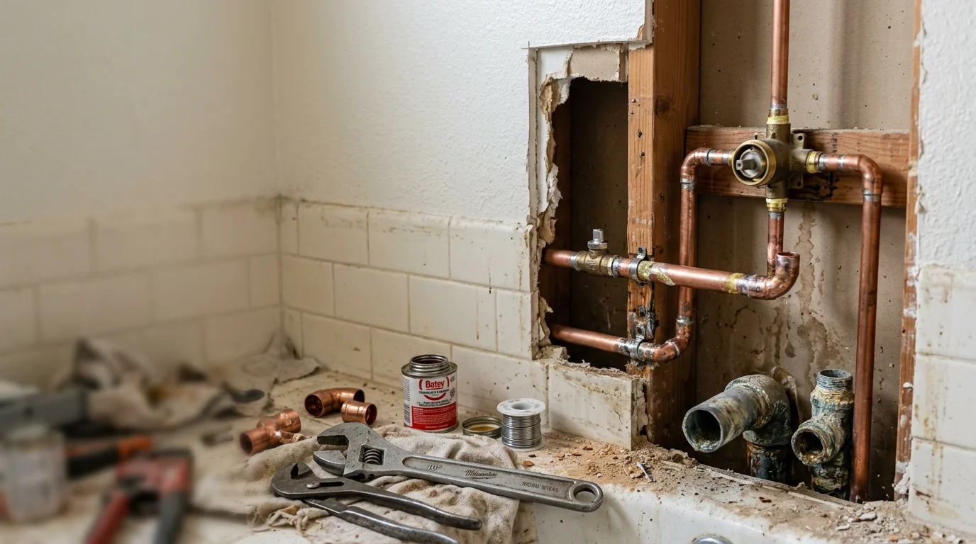 A Ripon, CA single-family home bathroom showing updated plumbing supply lines and drain connections beneath a newly set vanity. Work completed by Hernandez Tile and Construction LLC as part of a bathroom remodel project.