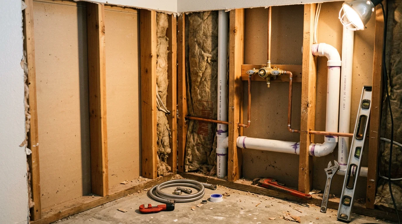 A freshly remodeled bathroom in a Ripon, CA home showing new floor tile, an updated vanity with exposed supply line connections, and a walk-in shower with a repositioned drain. The plumbing rough-in is complete and ready for final fixture installation.