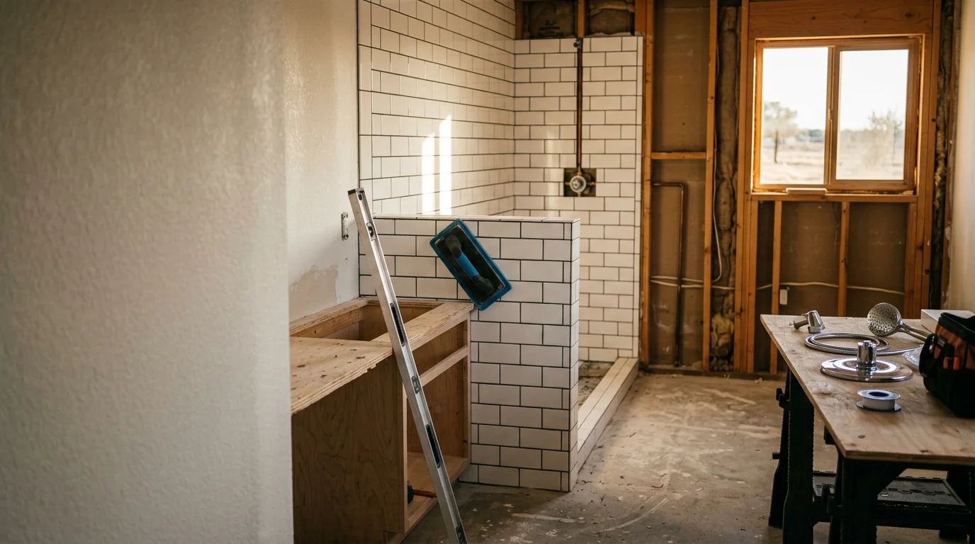 Completed kitchen and bathroom remodel in a single-family home in Ripon, CA, showing updated tile work, cabinetry, and fixtures. Work completed by Hernandez Tile and Construction LLC serving the San Joaquin Valley.