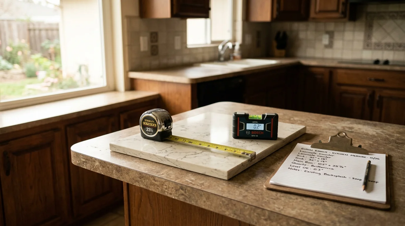 A countertop contractor measuring a kitchen countertop surface inside a single-family home in Ripon, CA. The contractor uses a tape measure along the edge of an existing countertop during a pre-installation consultation visit.