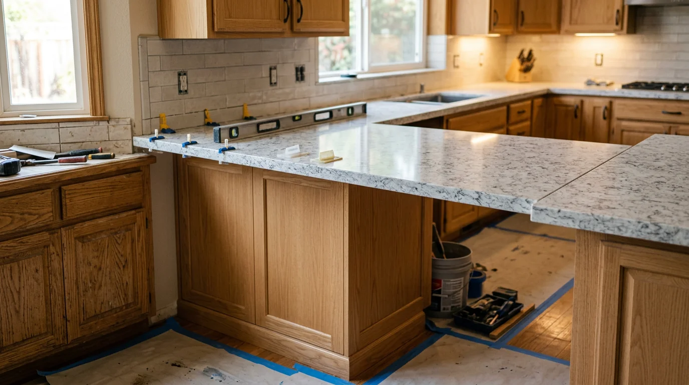 Freshly installed replacement countertop in a Ripon, CA kitchen, showing a clean surface fit against painted cabinets with a sink cutout. The finished result reflects a complete removal and reinstall by Hernandez Tile and Construction LLC.