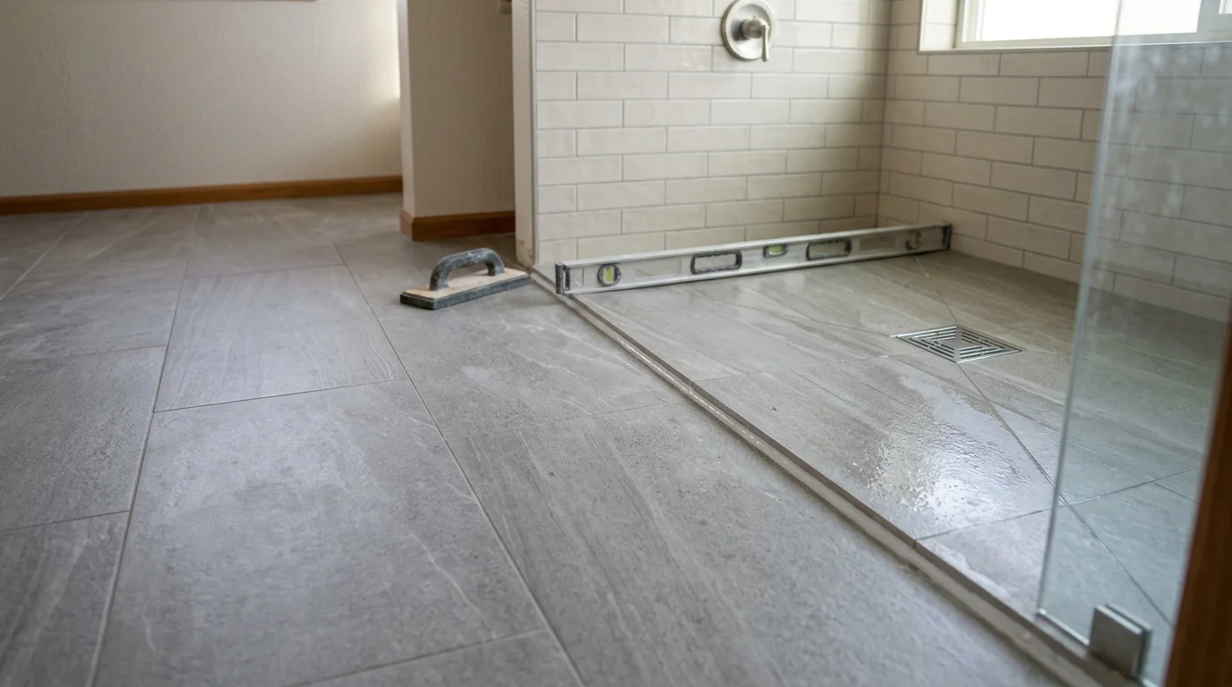 A finished curb-less shower in a Ripon, CA home showing a flush tile floor, open entry with no barrier, and clean grout lines extending from the shower floor to the bathroom floor. The continuous tile surface and linear drain are visible, reflecting a completed installation by Hernandez Tile and Construction LLC.