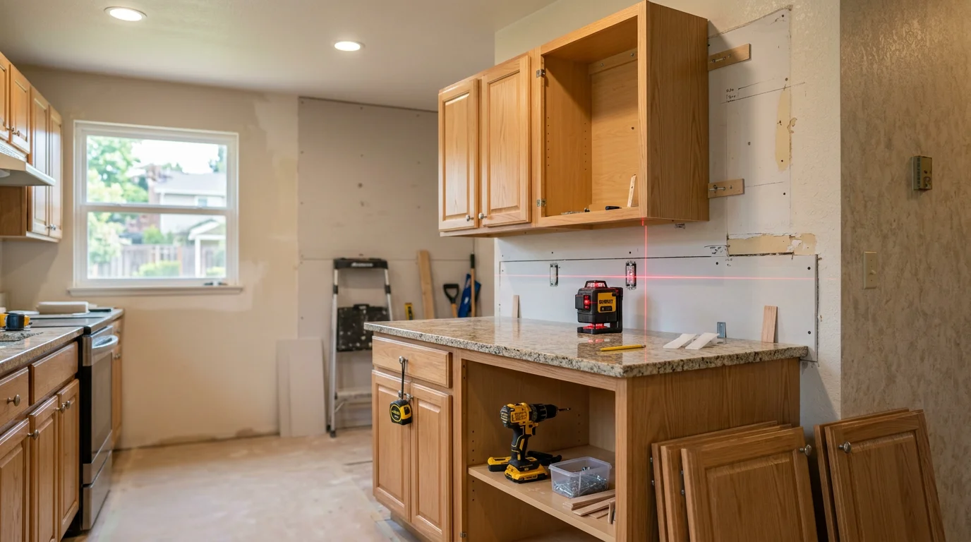 Newly installed custom kitchen cabinets with aligned upper and base units in a Ripon, CA home. The finished kitchen shows level cabinet runs, fitted hardware, and clean wall-to-cabinet transitions throughout.