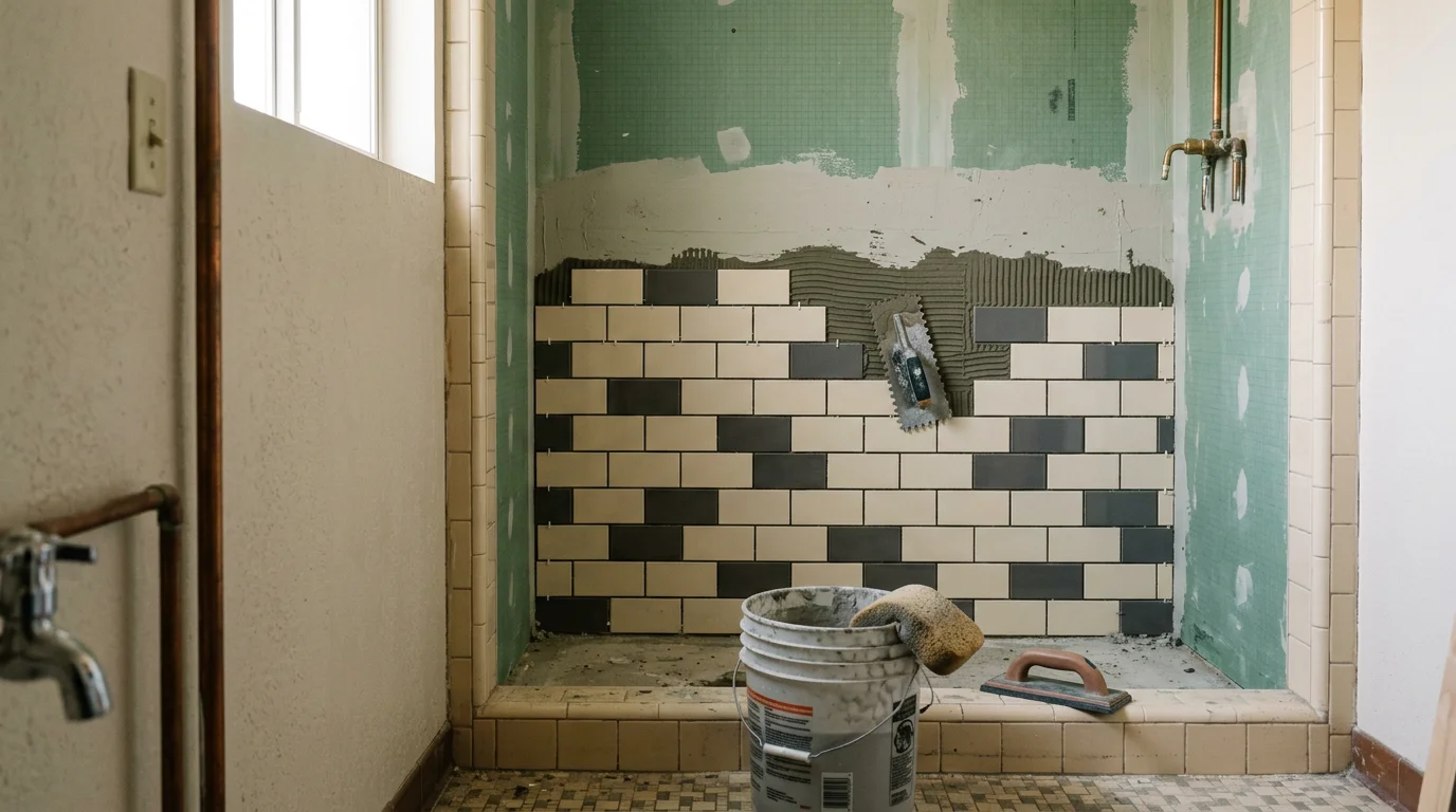 Freshly installed custom tile covering the shower walls and floor of a remodeled bathroom in a Ripon, CA single-family home. Clean grout lines, level tile edges, and a neutral color pattern show the finished result of a professional tile installation by Hernandez Tile and Construction LLC.