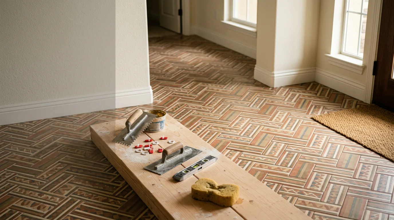 Decorative tile installation on a residential entryway floor in Ripon, CA, showing a geometric pattern with clean grout lines and a finished edge. The tile work is part of a single-family home interior typical of the Central Valley region.