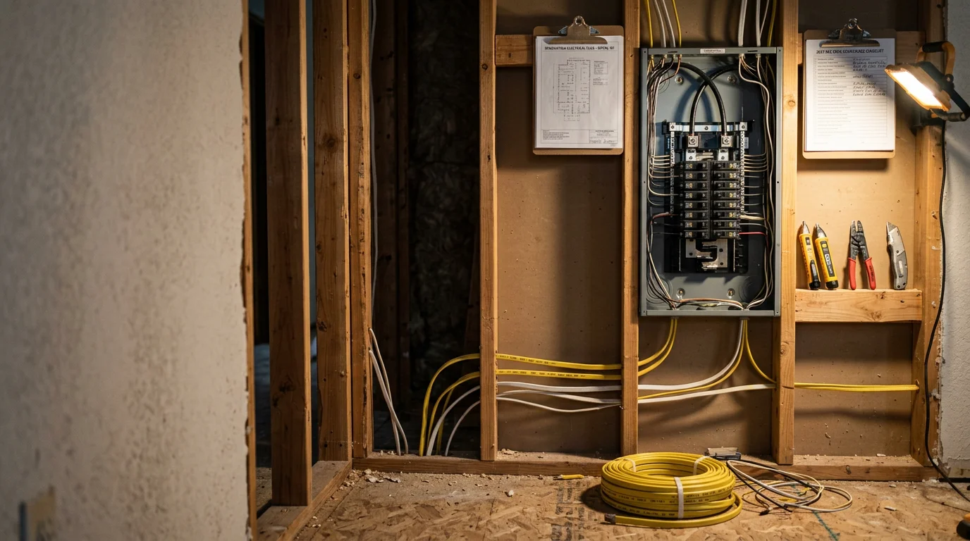 A licensed electrician from Hernandez Tile and Construction LLC installing new wiring and circuits inside a residential home in Ripon, CA. The image shows exposed wall framing with neatly run electrical cables during a remodel rough-in phase.