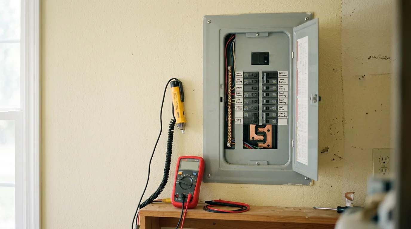 A licensed contractor inspecting a residential electrical panel inside a ranch-style home in Ripon, CA. The panel cover is open and wiring connections are visible during a repair assessment.