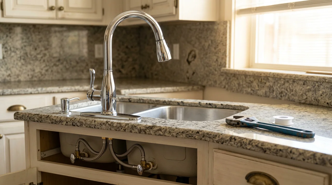 A newly installed bathroom sink and faucet in a Ripon, CA home, with clean supply line connections and a finished countertop surround. The installation shows tight seals and polished hardware ready for daily use.