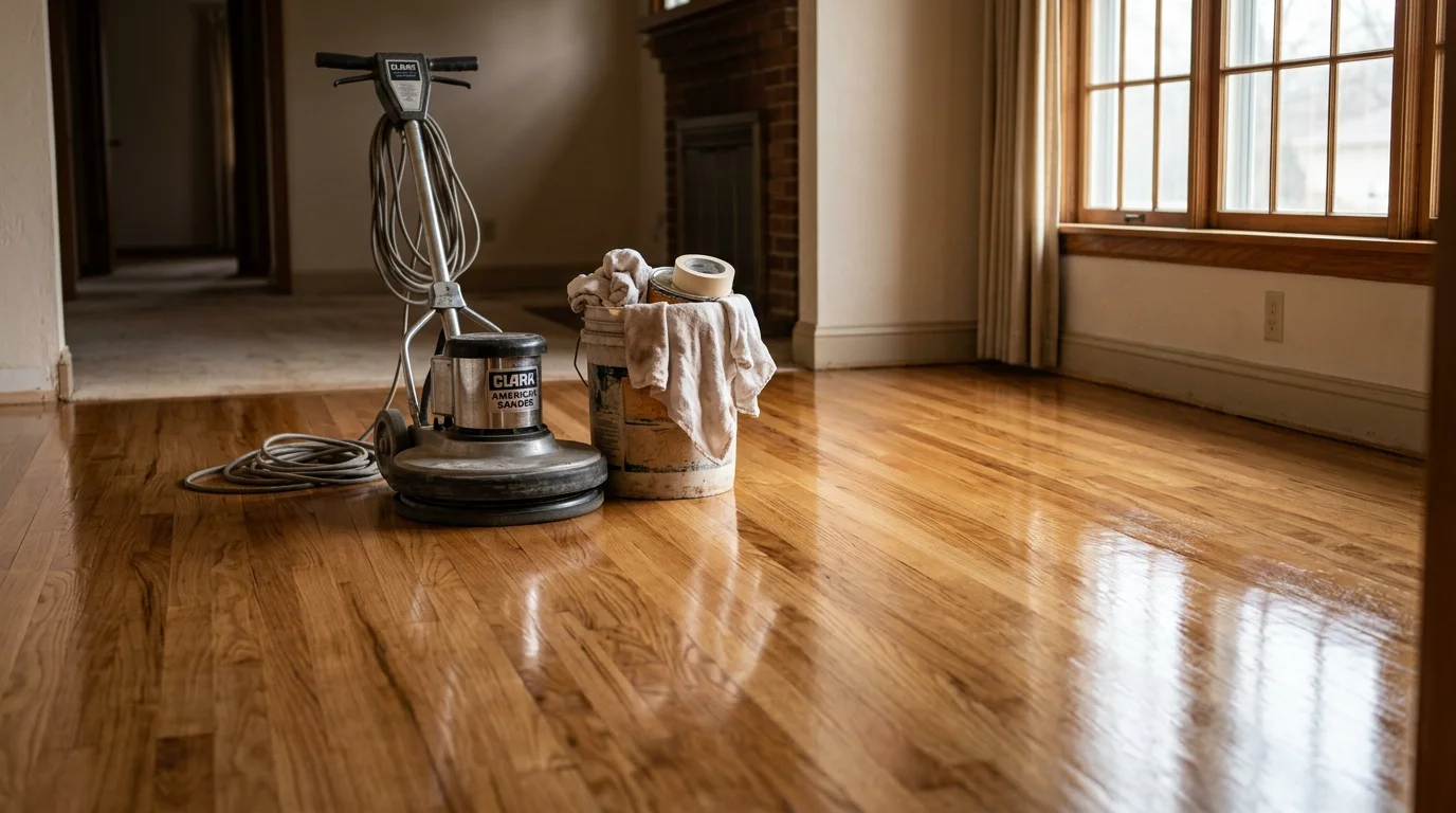 Freshly finished hardwood floor in a Ripon, CA ranch-style home showing a smooth, even surface with a protective sealant coat. The floor runs through an open living area with natural light from a side window.