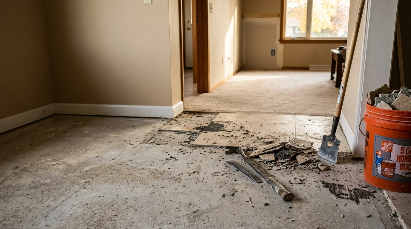 A Hernandez Tile and Construction LLC crew member removing old floor material down to the subfloor inside a ranch-style home in Ripon, CA. The work area is clear of debris and the surrounding baseboards are protected.