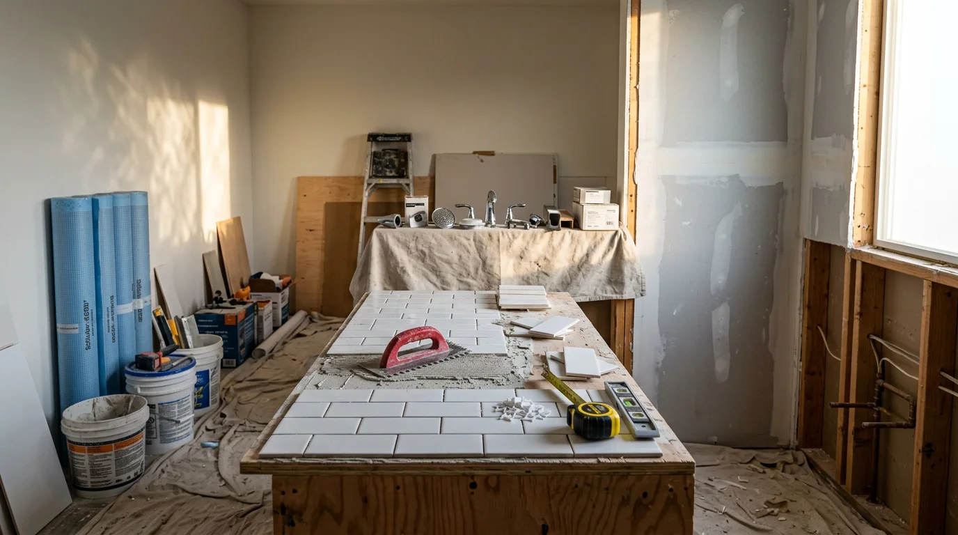 A fully renovated bathroom in a Ripon, CA home showing a walk-in shower with tile surround, updated vanity, and clean modern finishes. The space reflects a complete gut-and-rebuild renovation completed by Hernandez Tile and Construction LLC.