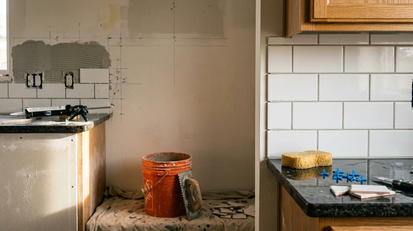 Freshly installed ceramic tile kitchen backsplash covering the wall between countertops and upper cabinets in a Ripon, CA home. Grout lines are clean and even, with tile cut precisely around a wall outlet near the stove.