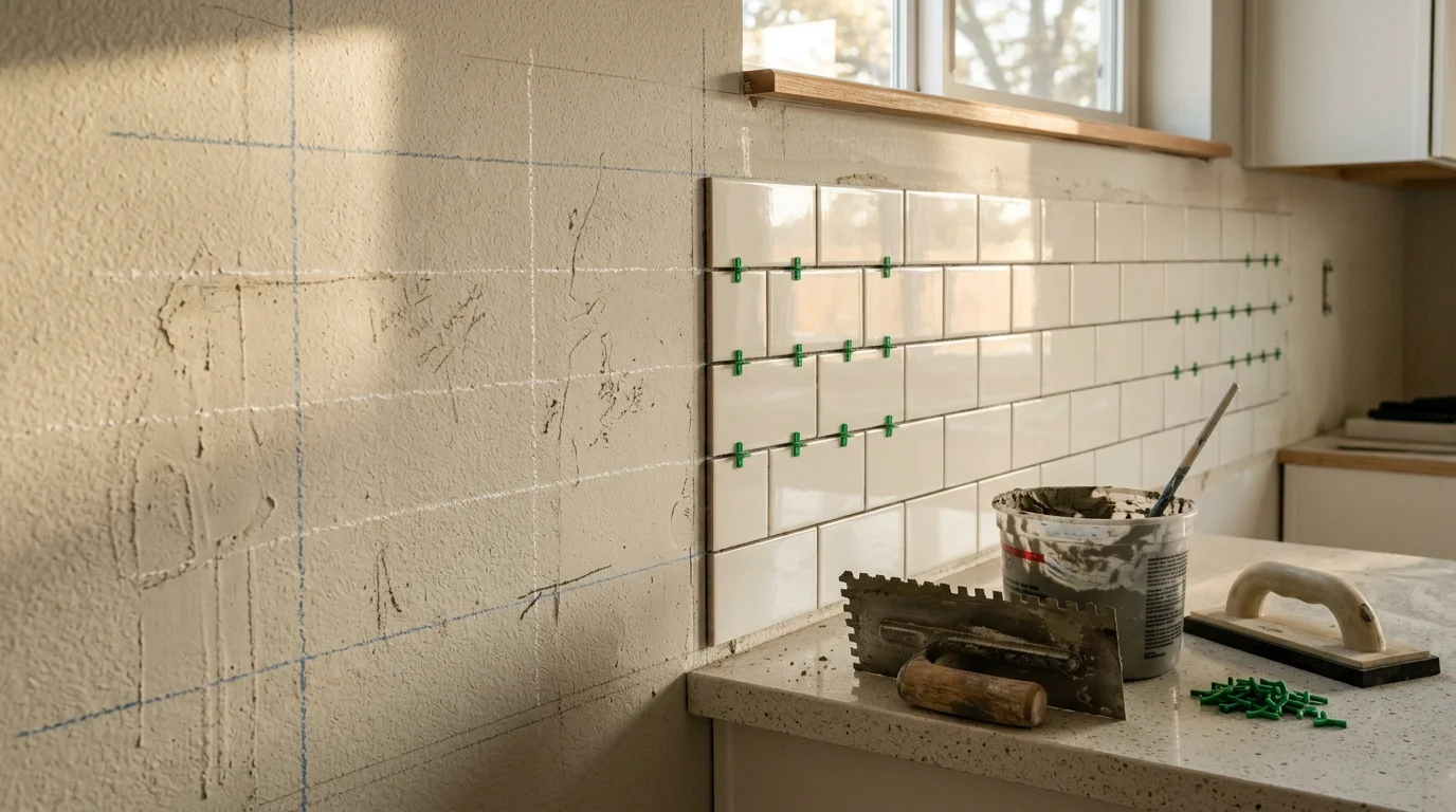 Freshly installed kitchen backsplash tile with clean grout lines behind a countertop in a Ripon, CA home. The tile runs evenly from the counter edge to the upper cabinets with precise cuts around the outlet covers.