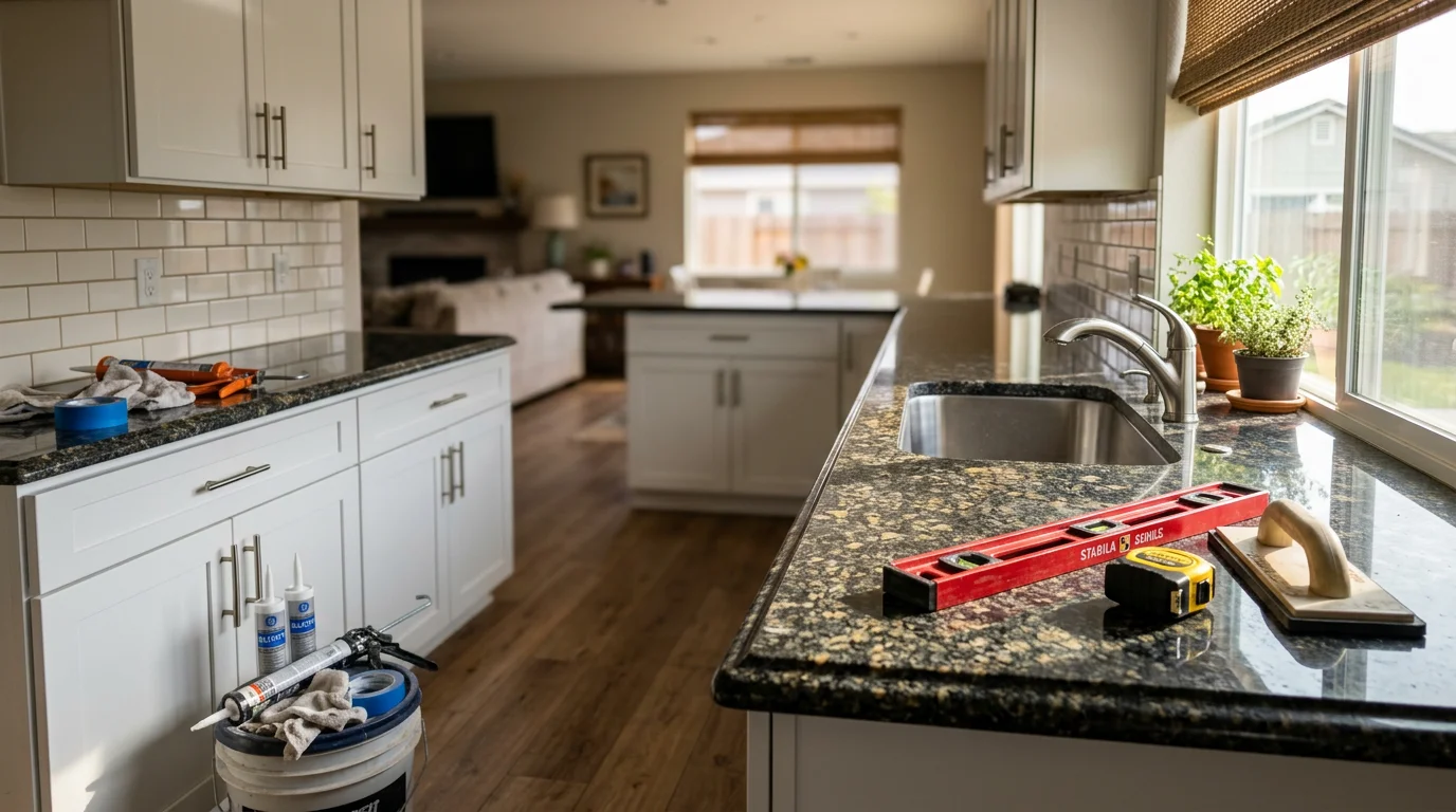 Newly installed kitchen countertop in a Ripon, CA home, showing clean edge finishing and a flush sink cutout. The open-concept kitchen layout highlights the full countertop run along the perimeter cabinetry.