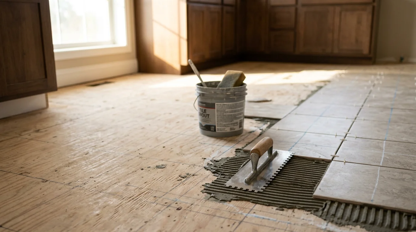 Freshly installed tile kitchen floor in a Ripon, CA ranch-style home, showing clean grout lines and a neutral tile pattern under natural light. The kitchen includes standard cabinetry and countertops typical of Central Valley residential builds.