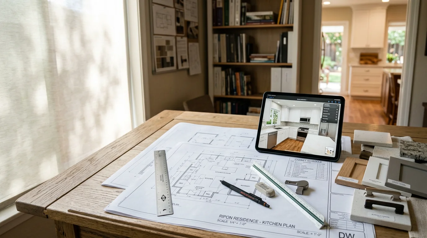 A Ripon, CA kitchen showing a planned open layout with defined work zones, clear counter space, and a functional traffic path between the sink, stove, and refrigerator. The design reflects a tract-style home interior common to the San Joaquin Valley area.