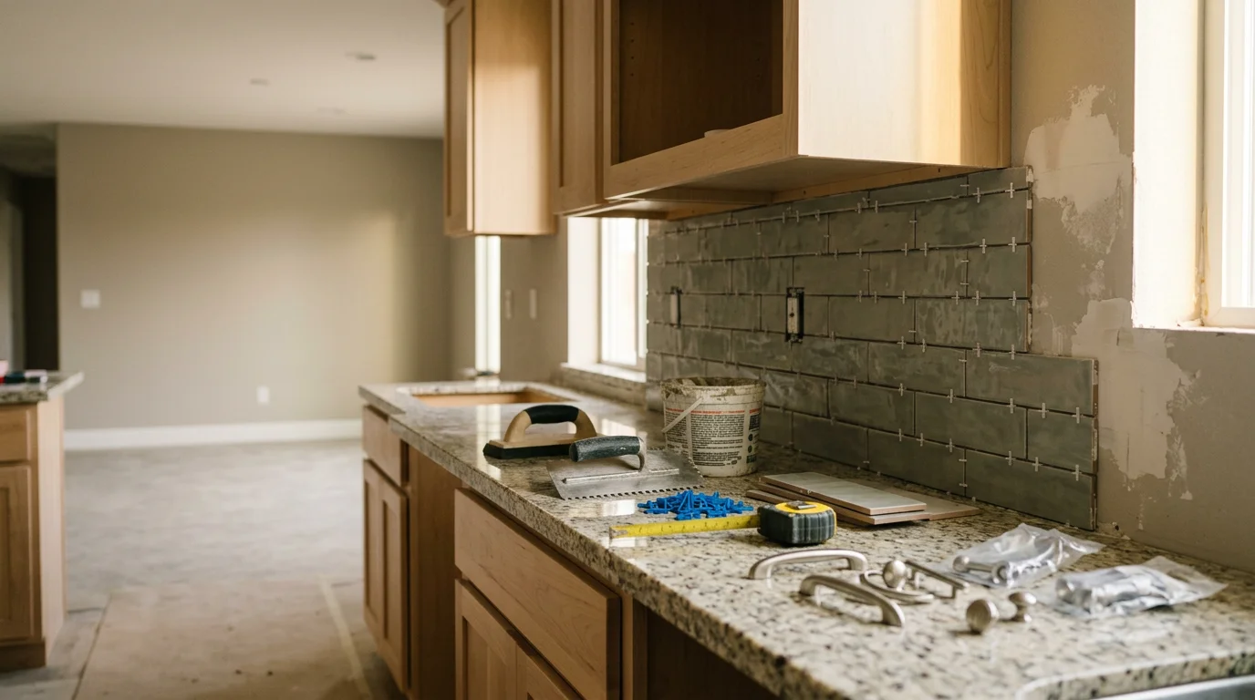 Remodeled kitchen interior in a single-family home in Ripon, CA, showing new tile flooring, updated cabinetry, and a fresh countertop installation completed by Hernandez Tile and Construction LLC. The space reflects a practical, open layout suited to a Central Valley family home.