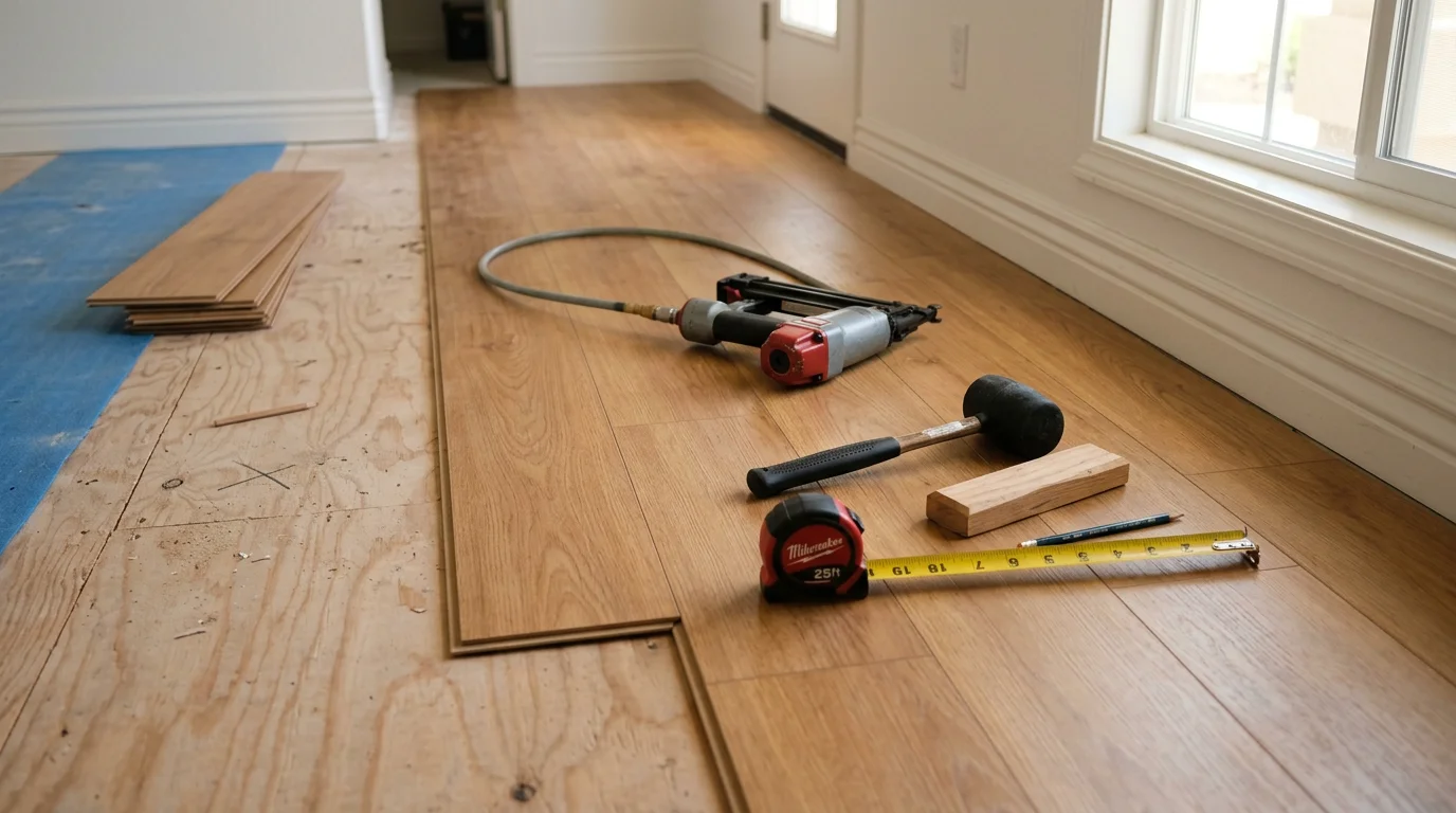 Freshly installed laminate flooring in a single-family home in Ripon, CA, showing clean plank rows and tight seams along a painted baseboard. Natural light from a window highlights the smooth, even surface across the room.