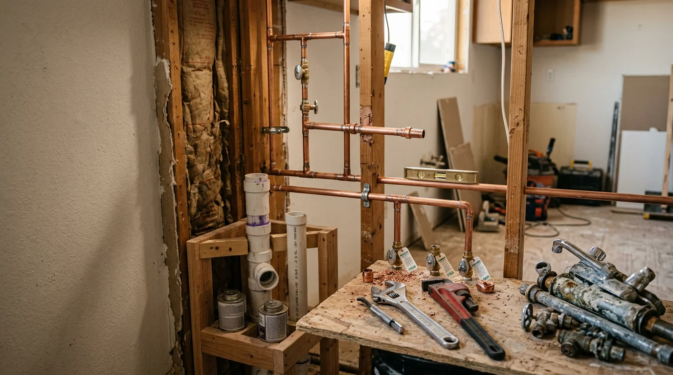 A newly installed bathroom sink and faucet with clean supply line connections inside a Ripon, CA home. The surrounding tile work and drain fitting are visible, showing a completed plumbing installation by Hernandez Tile and Construction LLC.