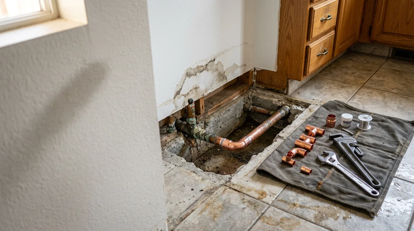 A plumber repairing a leaking pipe joint beneath a kitchen sink in a single-family home in Ripon, CA. The repair area shows exposed copper supply lines and a drain assembly being tightened and sealed.