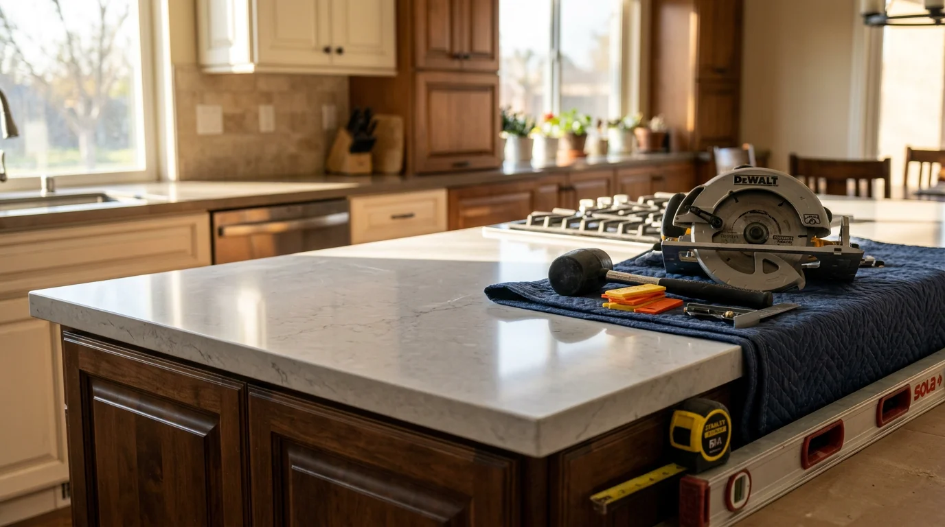 Newly installed quartz countertop in a Ripon, CA kitchen, showing a clean slab surface fitted tightly against wood cabinets with a smooth finished edge. The countertop runs along a standard kitchen layout with even overhangs and no visible gaps at the wall.