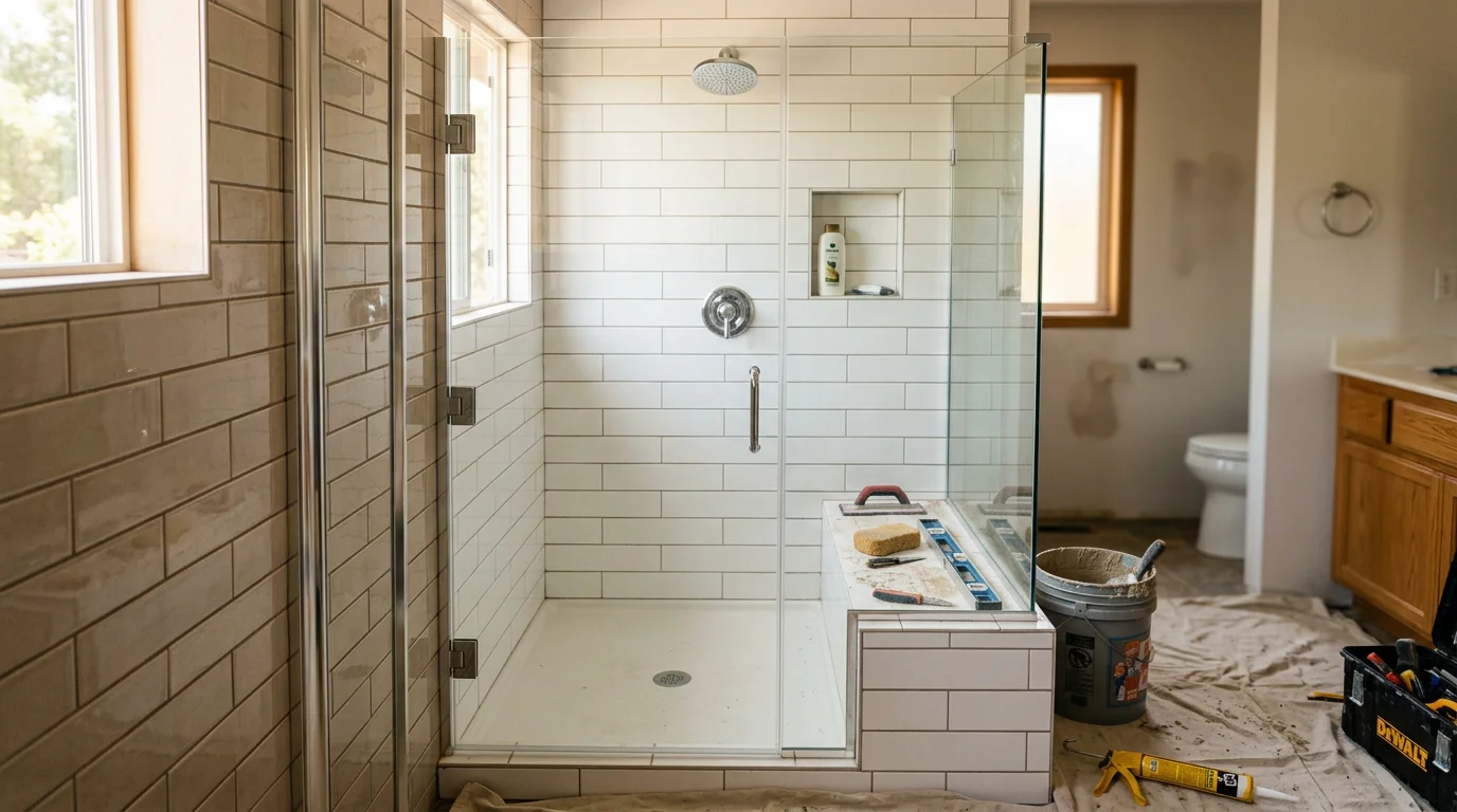 A finished custom shower enclosure installed by Hernandez Tile and Construction LLC in a Ripon, CA home, showing clean tile walls, a glass door, and a waterproofed shower floor.