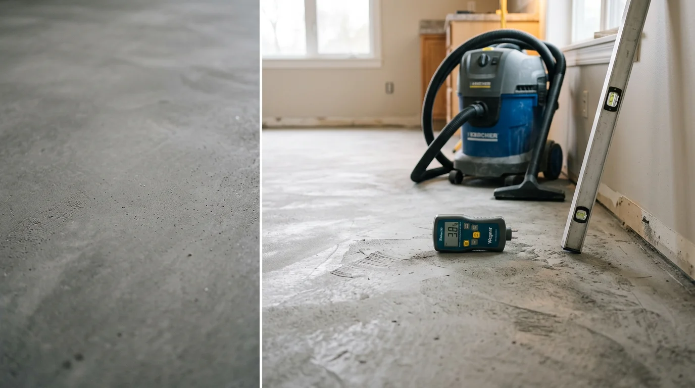A Hernandez Tile and Construction LLC crew member applying self-leveling compound to a concrete slab subfloor inside a Ripon, CA home prior to tile installation. The surface shows freshly ground high spots and filled low areas ready for new flooring.