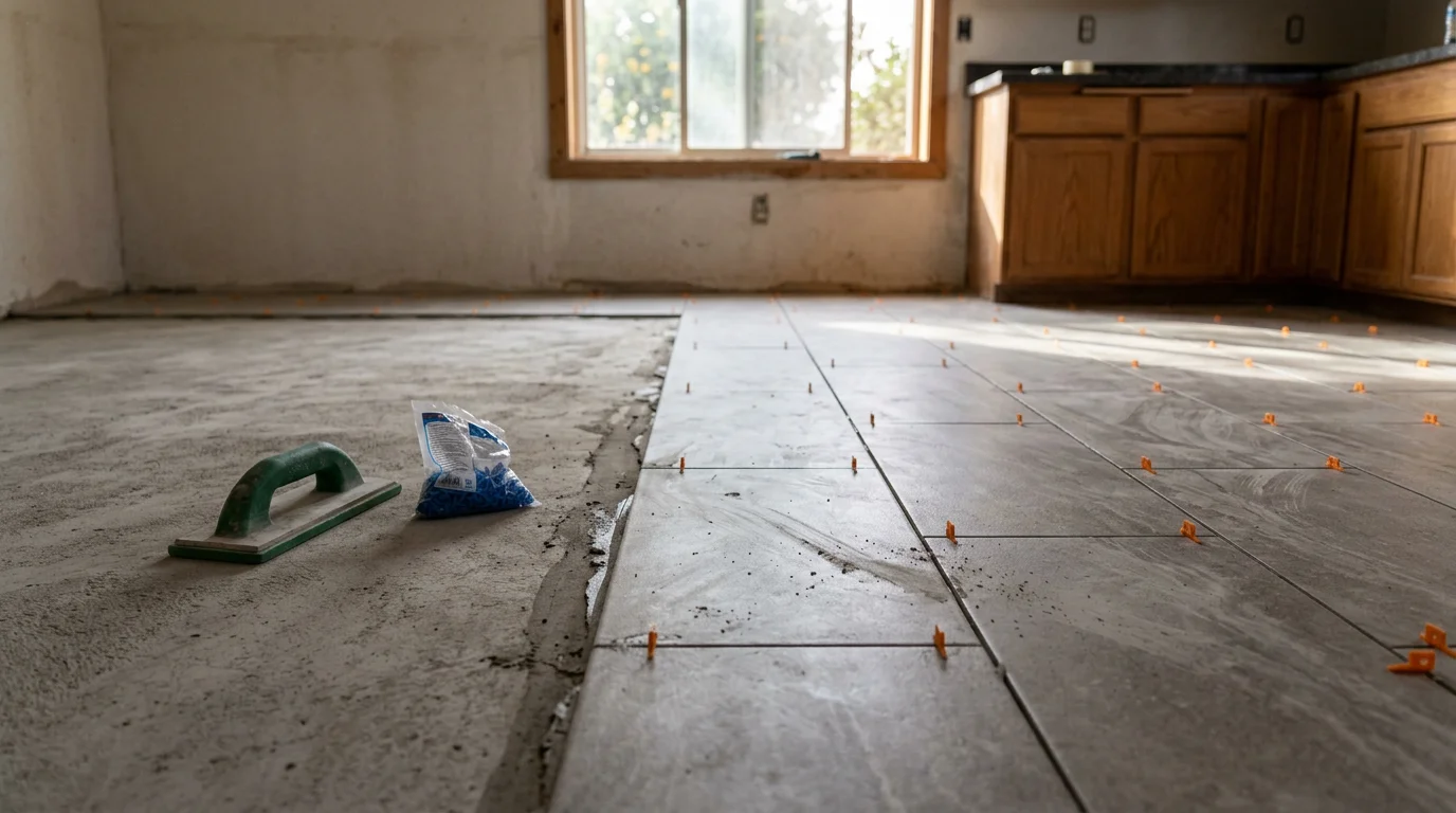 Freshly installed tile flooring in a Ripon, CA home kitchen with straight grout lines and a clean, even surface. The room reflects a ranch-style interior common to single-family homes in the Ripon area.