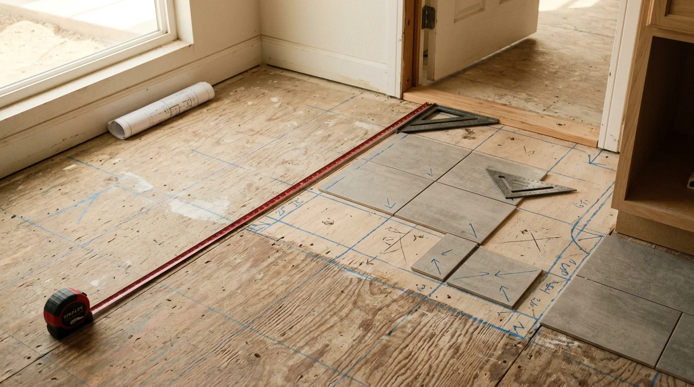 A freshly planned tile layout in a Ripon, CA home showing balanced grout lines and clean cuts at a doorway threshold. The pattern runs straight across a wide living area floor in a ranch-style residence.